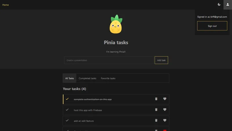 Home page of Pinia Tasks