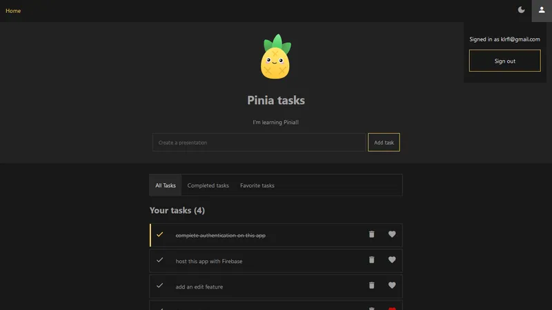 Home page of Pinia Tasks