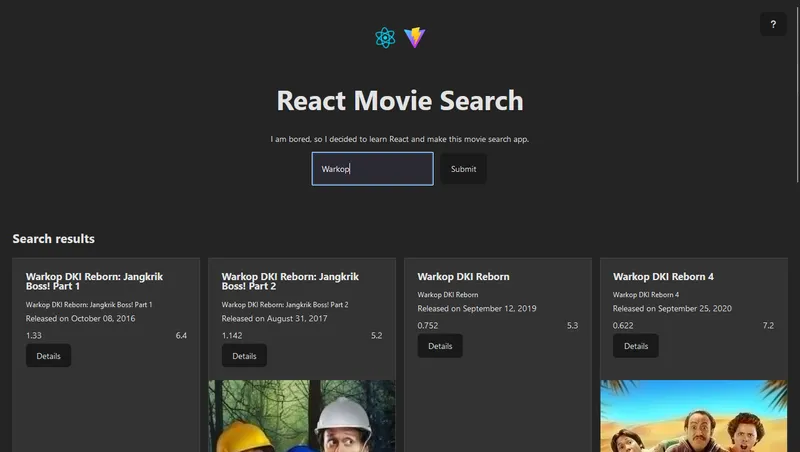 Screenshot of my first React app, React Movie Search